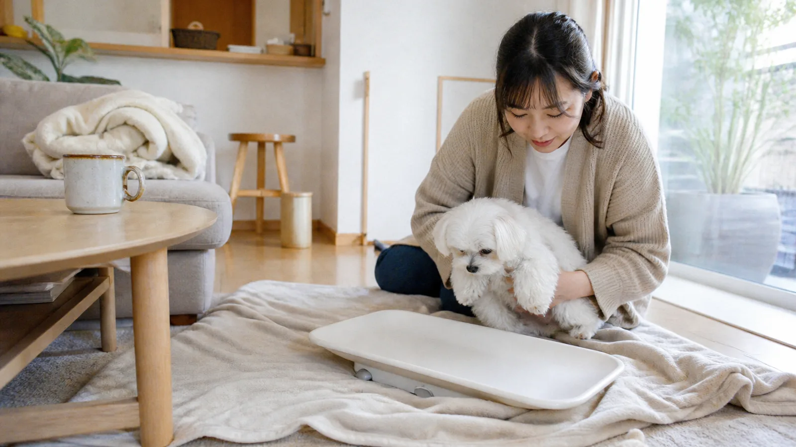 体重を量られるマルチーズ。犬種標準は体重を3〜4kgという1kgの幅で定めている