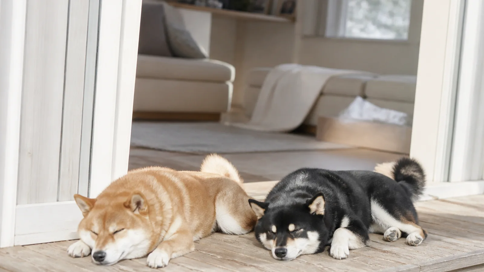 毛色の異なる柴犬2頭。柴犬の毛色は赤・黒・胡麻・白の4つに大きく分けられる