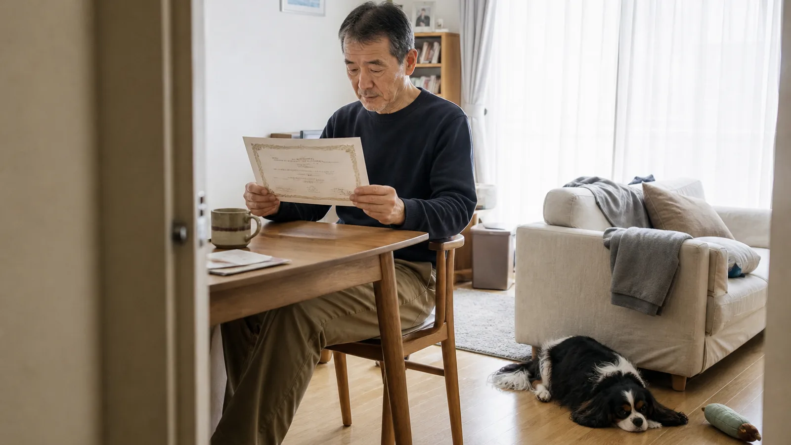 食卓で血統書を眺める飼い主と、そばでくつろぐキャバリア。報告が多いとされる病気を家系で理解する