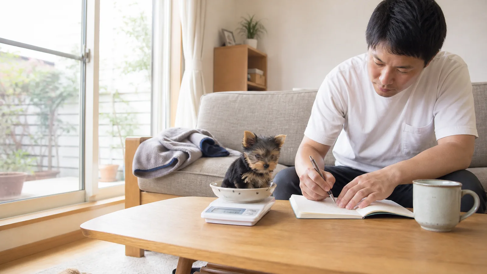 体重を量られるヨークシャーテリアの子犬。犬種標準の『3.2kgまで』は上限だけを定めた規定