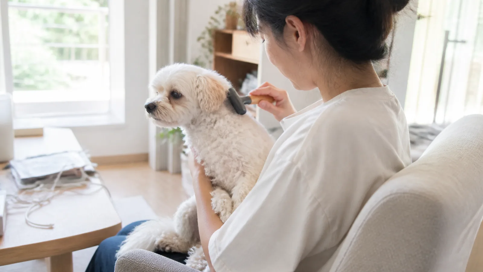 ブラッシングされるマルプー。両親はどちらも被毛が伸び続ける犬種で、毛の手入れが暮らしの中心になる