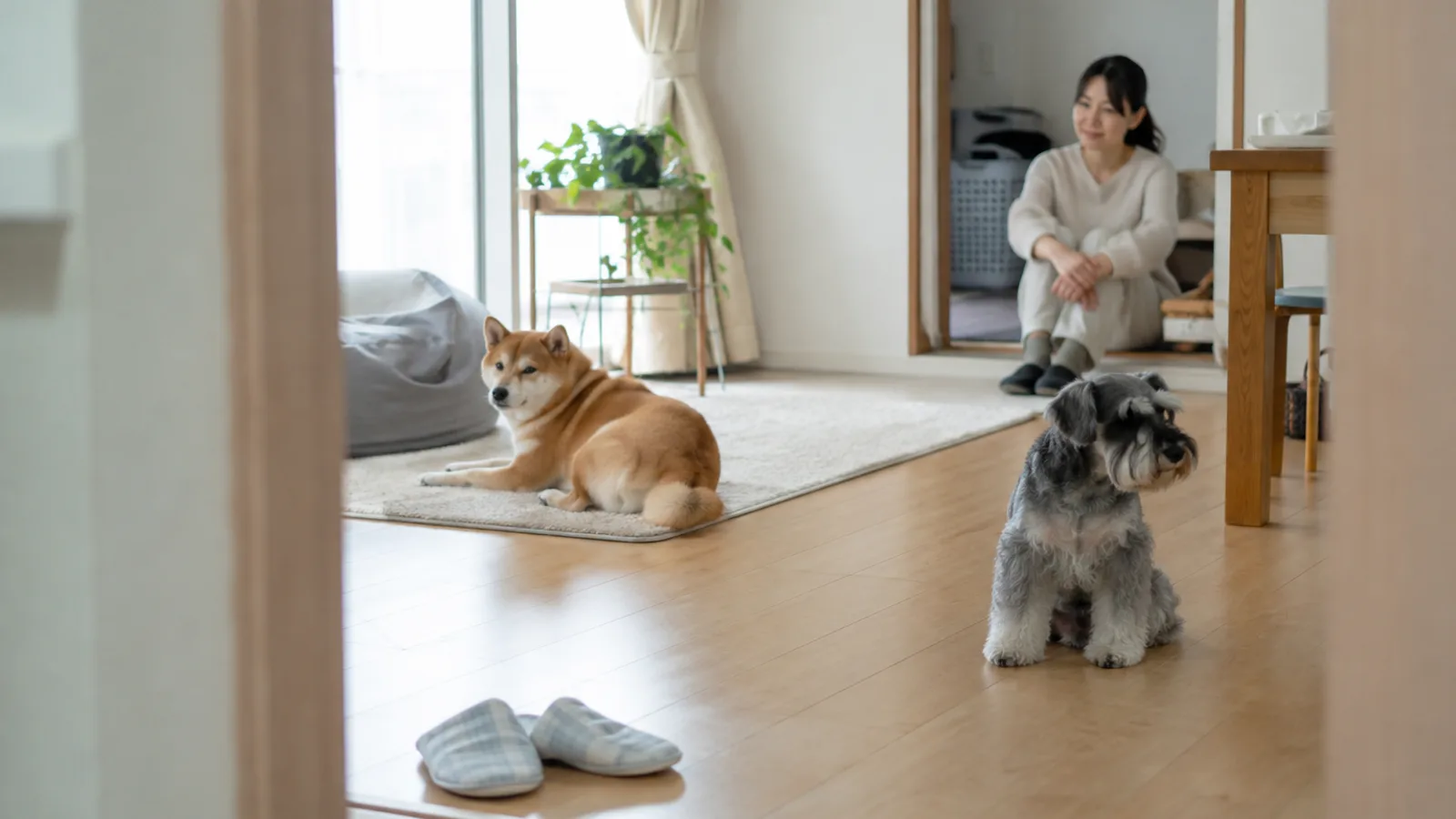 先住犬と新しい犬が同じ部屋で過ごす様子を見守る飼い主。相性を血縁と記録で考える多頭飼いの視点