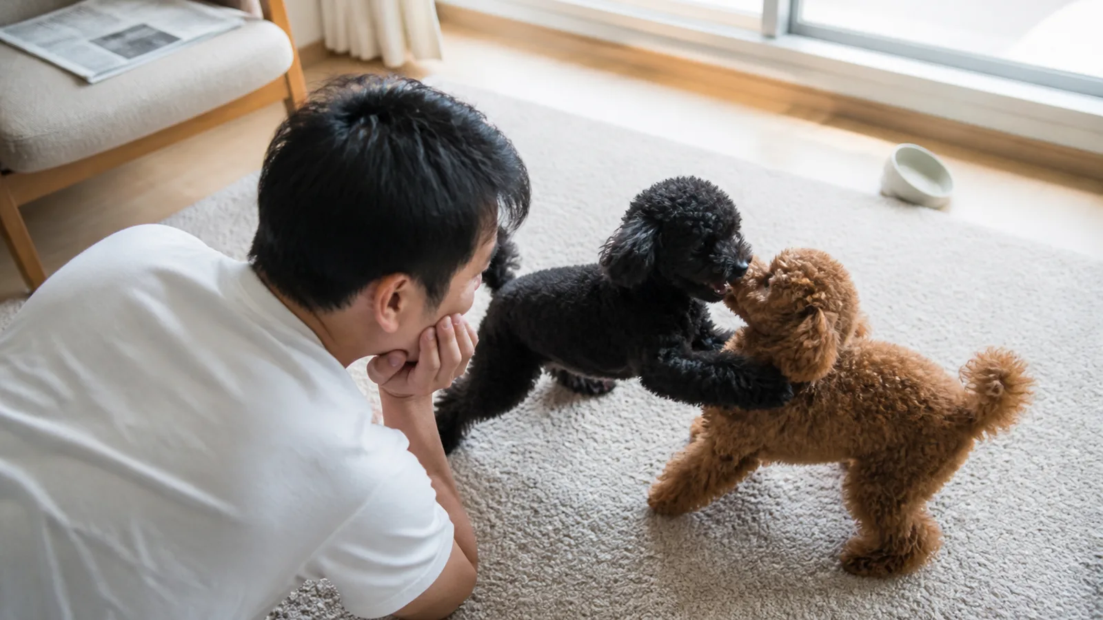 毛色の異なる兄弟犬と暮らす飼い主。同じ両親からでも違う毛色の子が生まれる理由を知る