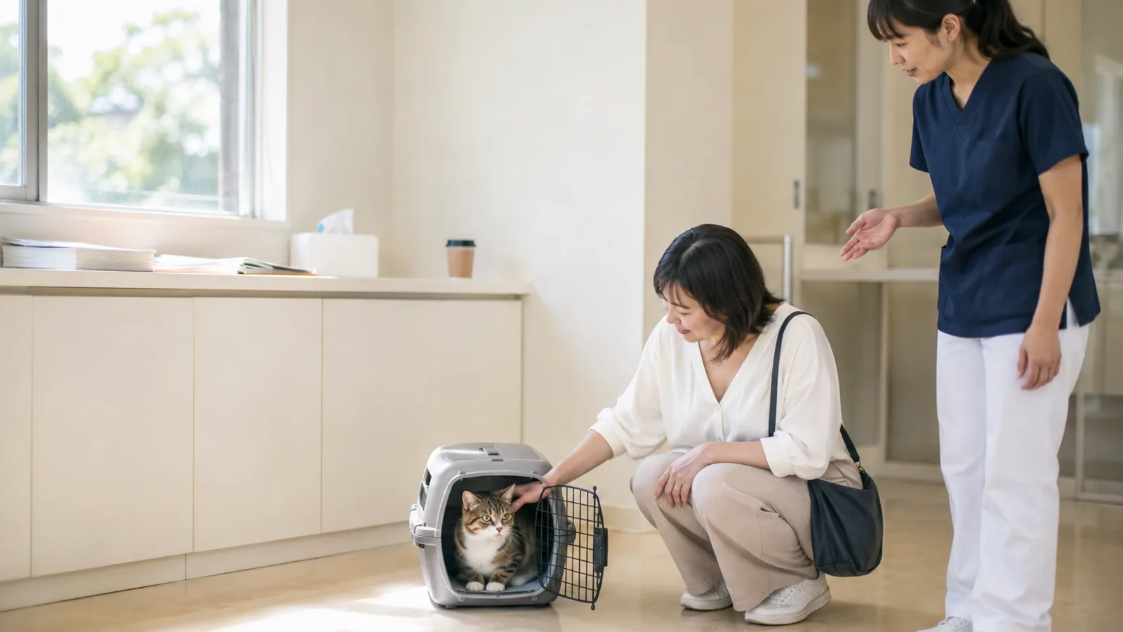 動物病院で獣医師の説明を聞く飼い主と猫。健康診断の頻度と結果の残し方を理解する
