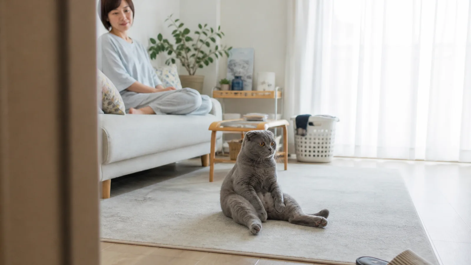スコ座りをするスコティッシュフォールドを見つめる飼い主。この座り方の背景にある骨軟骨異形成症を正しく知る