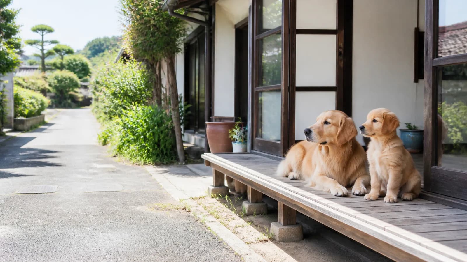 日本家屋の縁側に並ぶ、生後4か月ほどの子犬と成犬のゴールデン・レトリーバー。体格差と被毛の違いがわかる