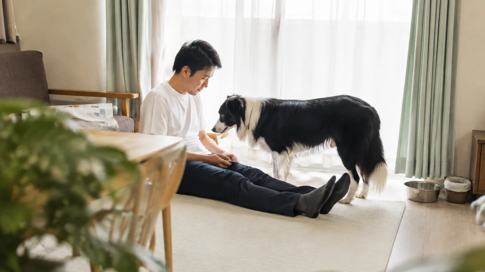 床に座った男性のすぐ横で真横を向いて立つ白黒のボーダー・コリー。犬の背は座った男性の胸のあたりの高さにある
