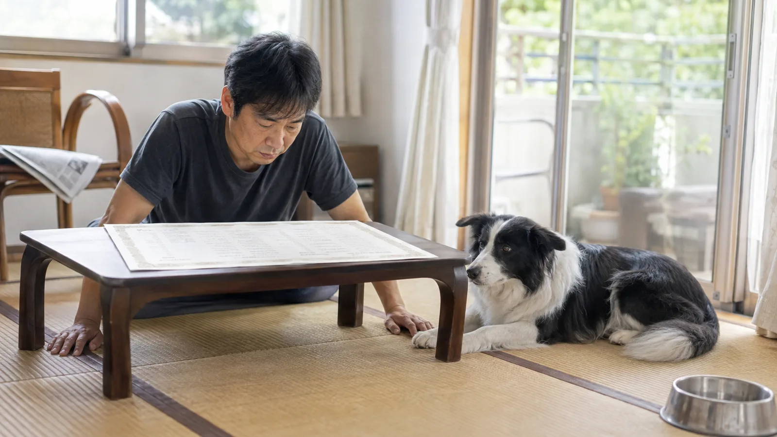 畳の低いちゃぶ台に広げた架空の血統書を上から読む男性と、すぐ横で伏せる白黒のボーダー・コリー