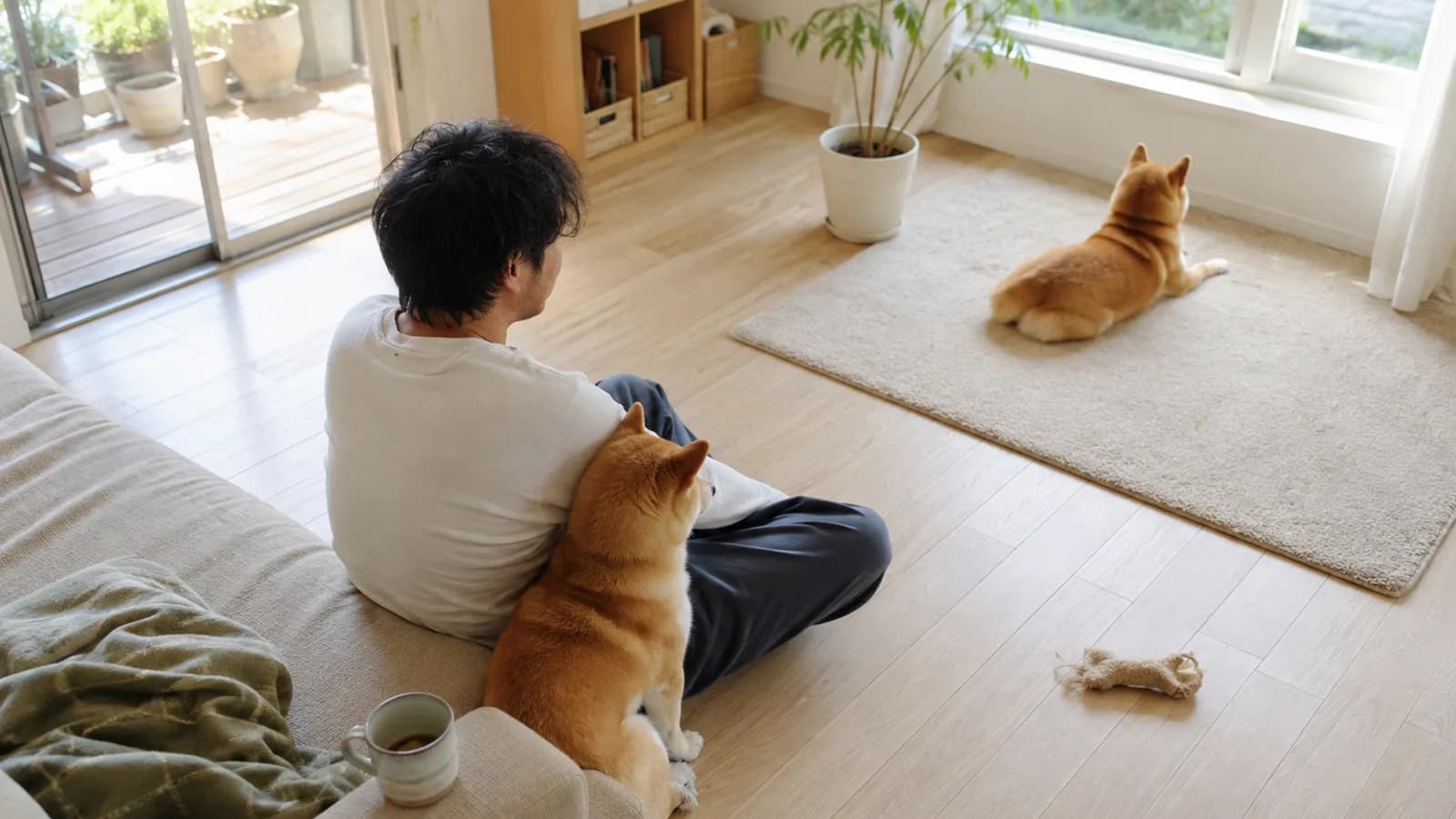 男性の横に体をつけて座る赤い柴犬と、離れた窓辺で背を向けて伏せるもう1頭の赤い柴犬