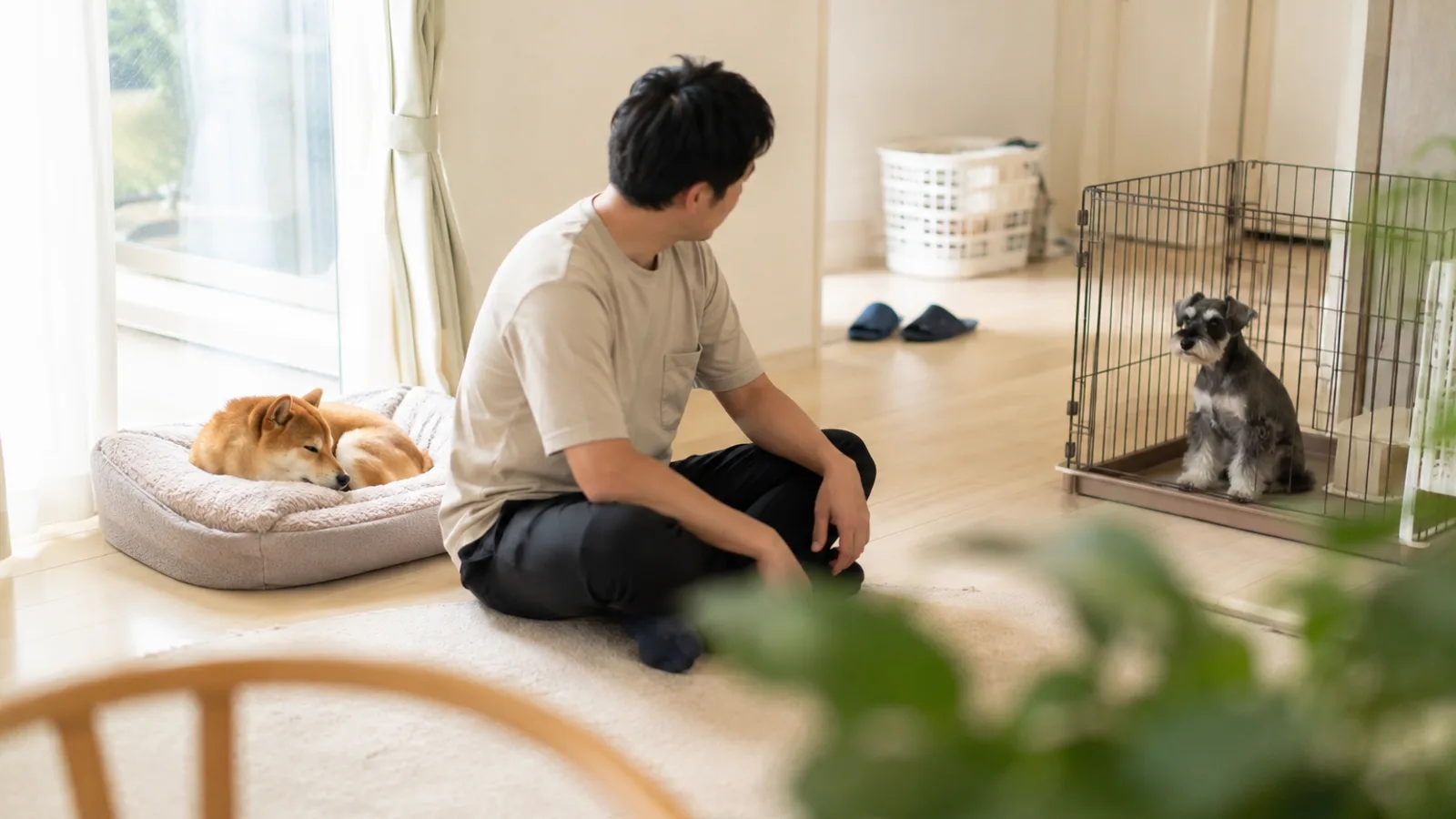 窓辺の犬用ベッドで休む赤い柴犬と、離れたサークルの中に座るミニチュア・シュナウザーの子犬、床に座って両方を見る男性