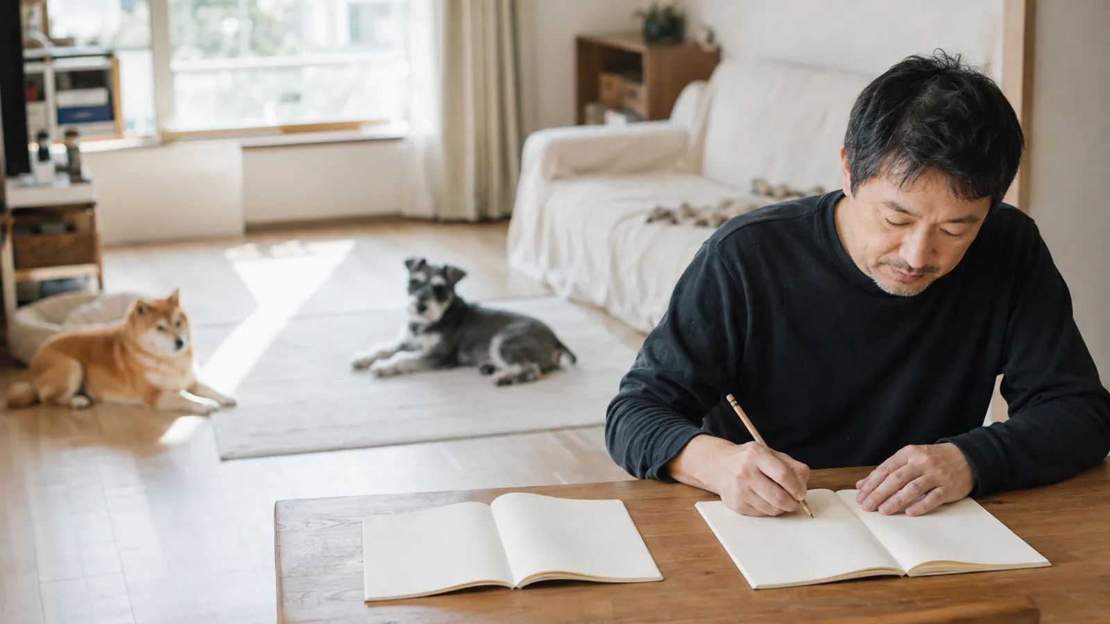 テーブルに並べて開いた2冊の無地のノートの右側に書き込む男性と、床で別々に伏せる赤い柴犬とミニチュア・シュナウザー