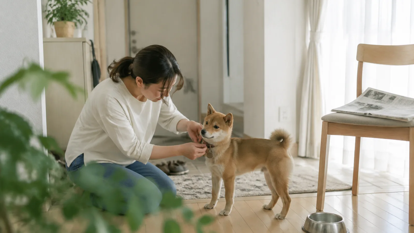玄関で若い赤毛の柴犬タイプの犬の首輪の金具に、何も刻まれていない小さな金属のタグを取り付ける女性