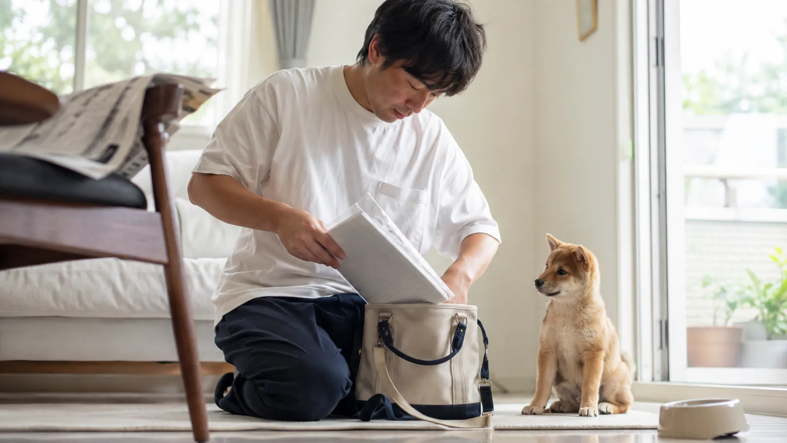 床でキャンバス地のトートバッグに無地の書類を入れる男性と、そばに座って見る赤毛の柴犬タイプの子犬