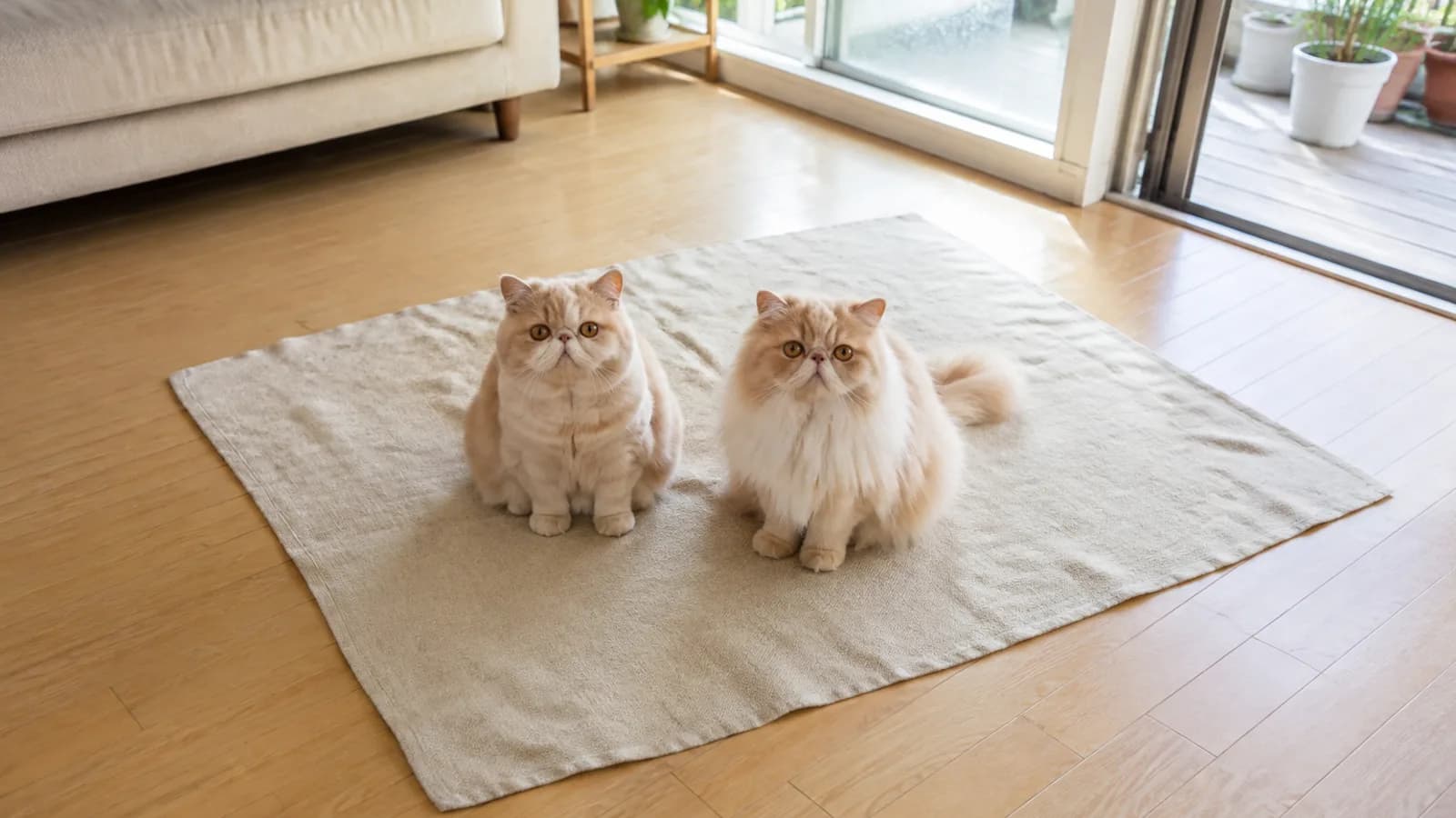 淡いラグに並んで座る2匹のエキゾチックを斜め上から。丸い顔立ちと体つきは同じで、左は短く密な被毛、右は首まわりに房のある長い被毛と、毛の長さだけが違う