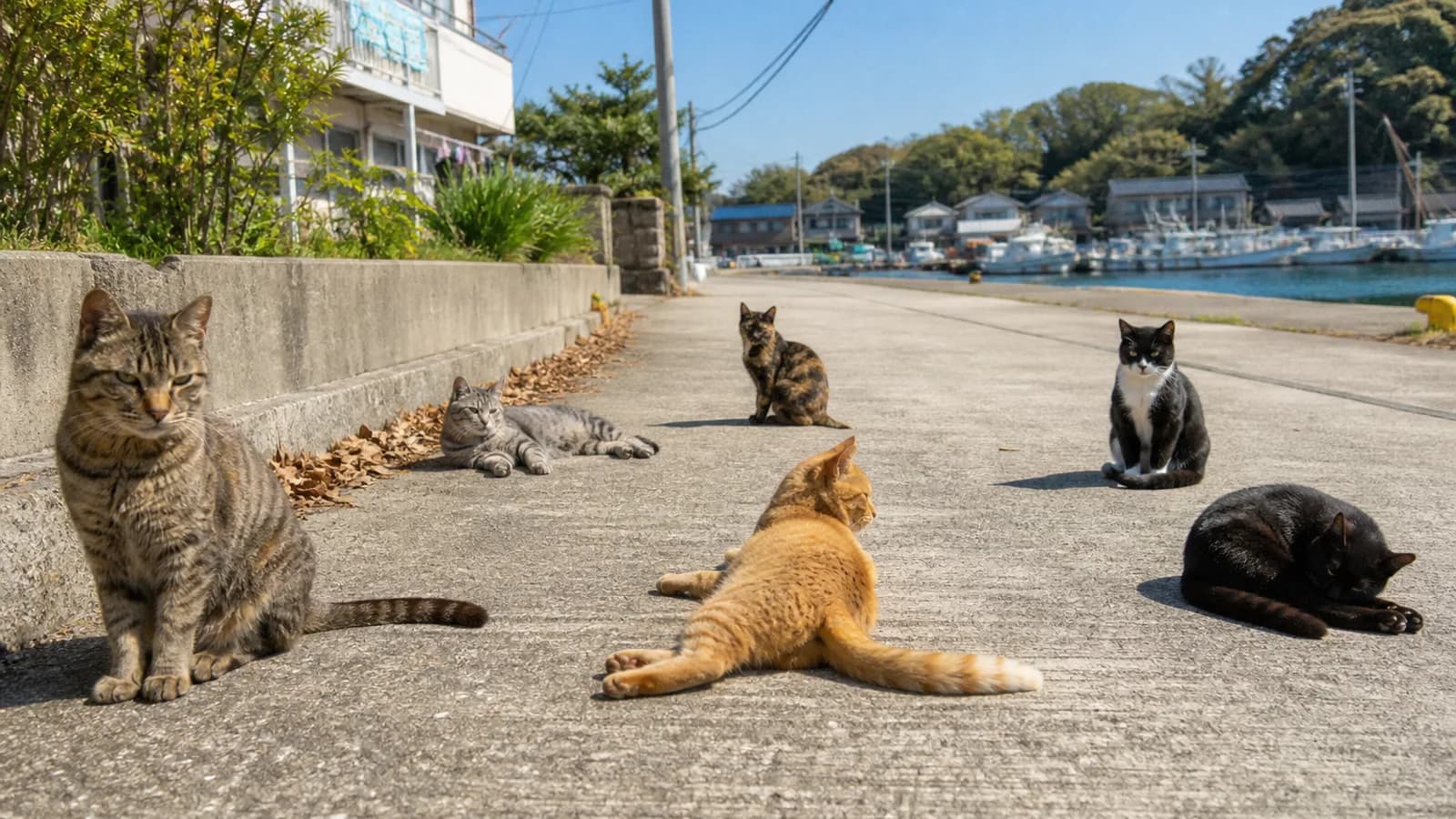 漁港の岸壁で思い思いに座る柄の違う6匹の猫（キジトラ・サバトラ・茶トラ・サビ・ハチワレ・黒）
