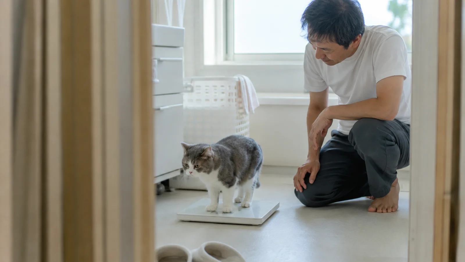 洗面所の床の体重計に四足で立つグレーと白のシニア猫と、片膝をついて見守る男性