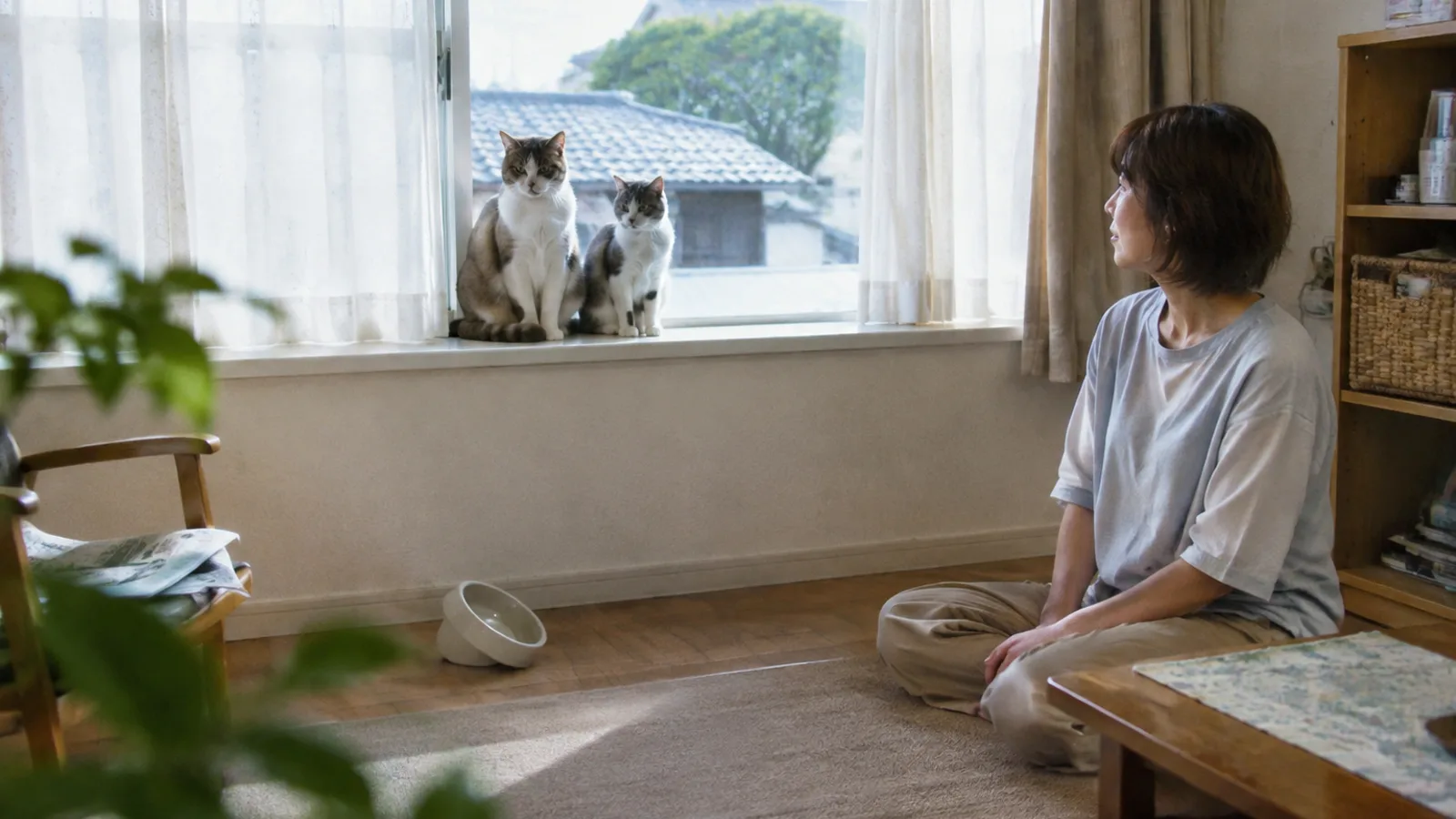 窓辺に並んで座るよく似た灰茶のタビーと白の猫2匹と、少し離れて床に座る女性
