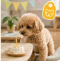 誕生日ケーキを前にしたトイプードル