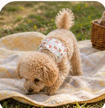 子犬のころの写真（ブランケットの上でにおいをかぐトイプードル）