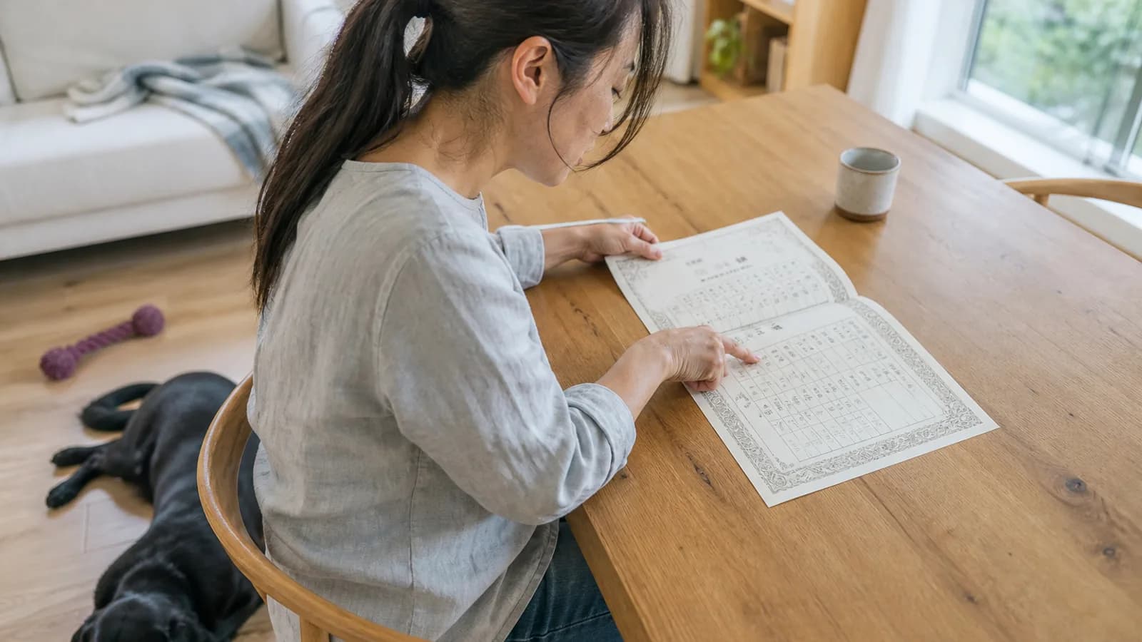 JKC血統書の見方を確認する飼い主。登録番号や3代祖など血統の情報が記載されている