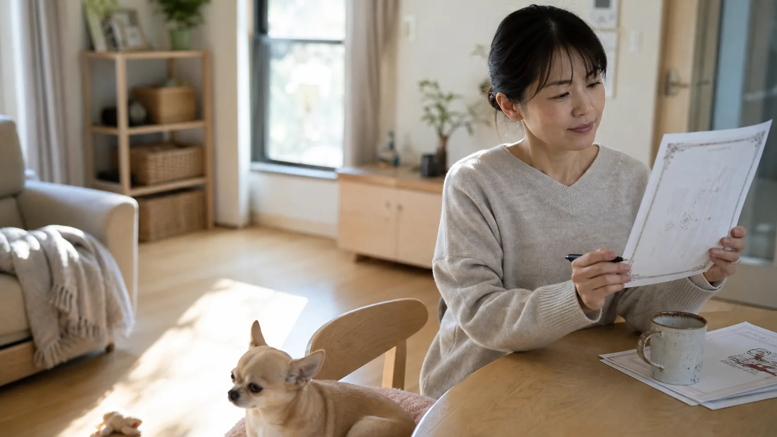 血統書の名義変更を確認する飼い主。所有者欄はまだ繁殖者名義のままになっている