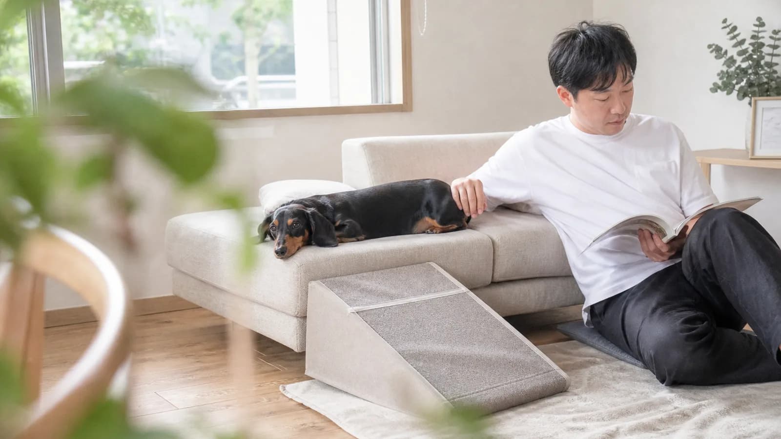 ミニチュアダックスフンドと暮らす家族。腰にやさしい環境づくりと家系の記録