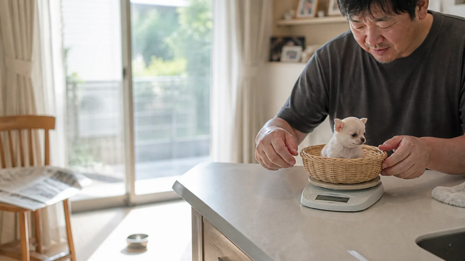 体重を量られるチワワの子犬。チワワは体重そのものが犬種標準に数字で書かれている犬種
