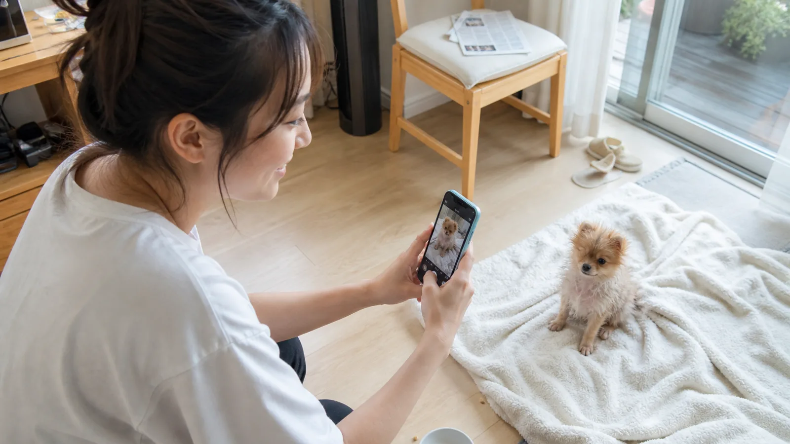猿期のポメラニアンの子犬を撮影する飼い主。毛が抜ける時期も、ありのままの1枚が記録になる