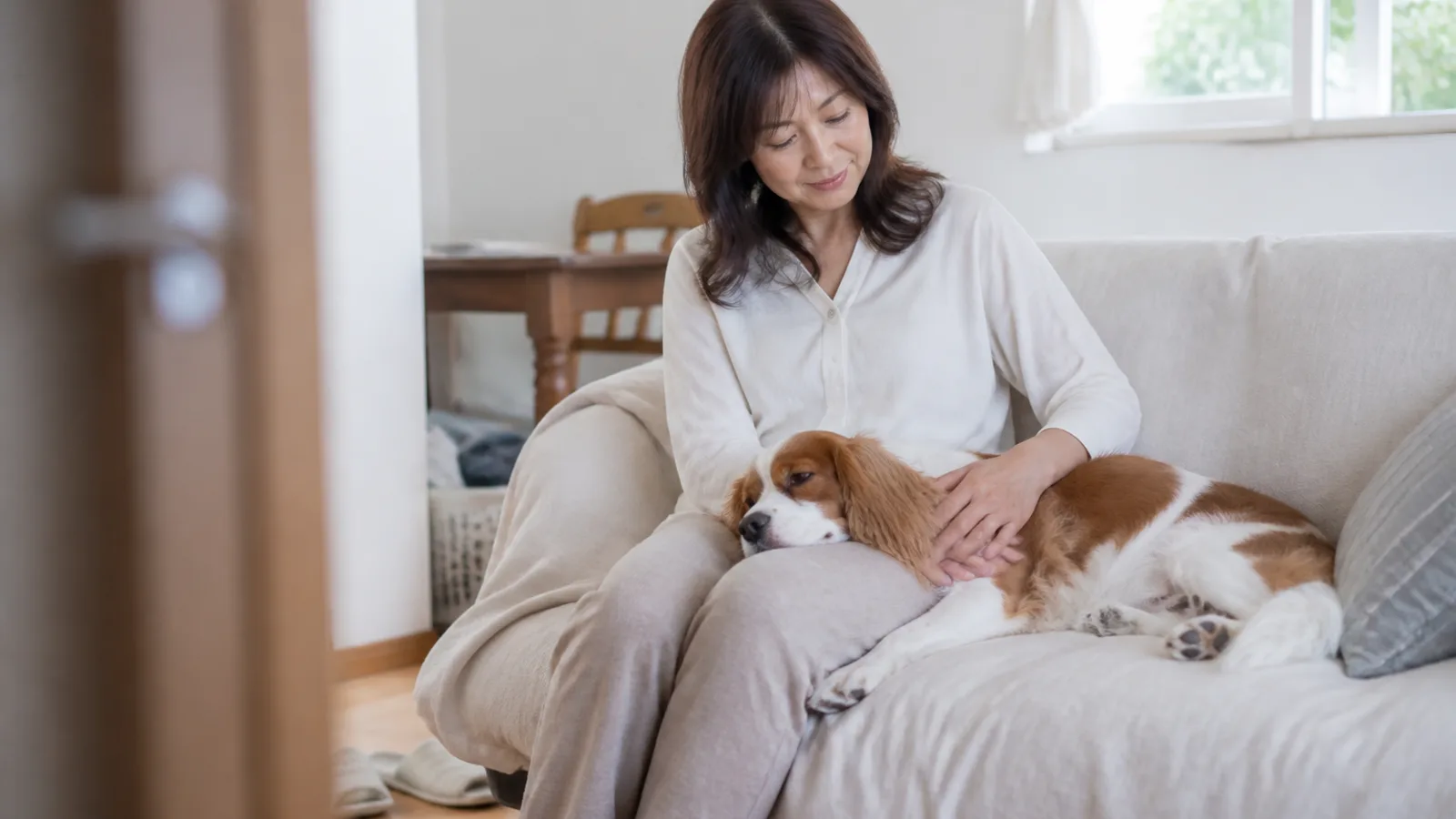 小型犬の心臓の様子をやさしく見守る飼い主。僧帽弁閉鎖不全症は小型犬で報告が多いとされる心臓の病気