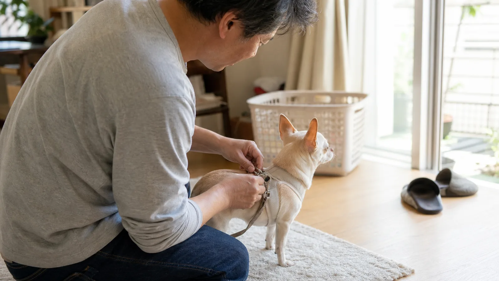 胴輪をつけて散歩の準備をする小型犬。気管虚脱は首まわりへの配慮が知られている病気