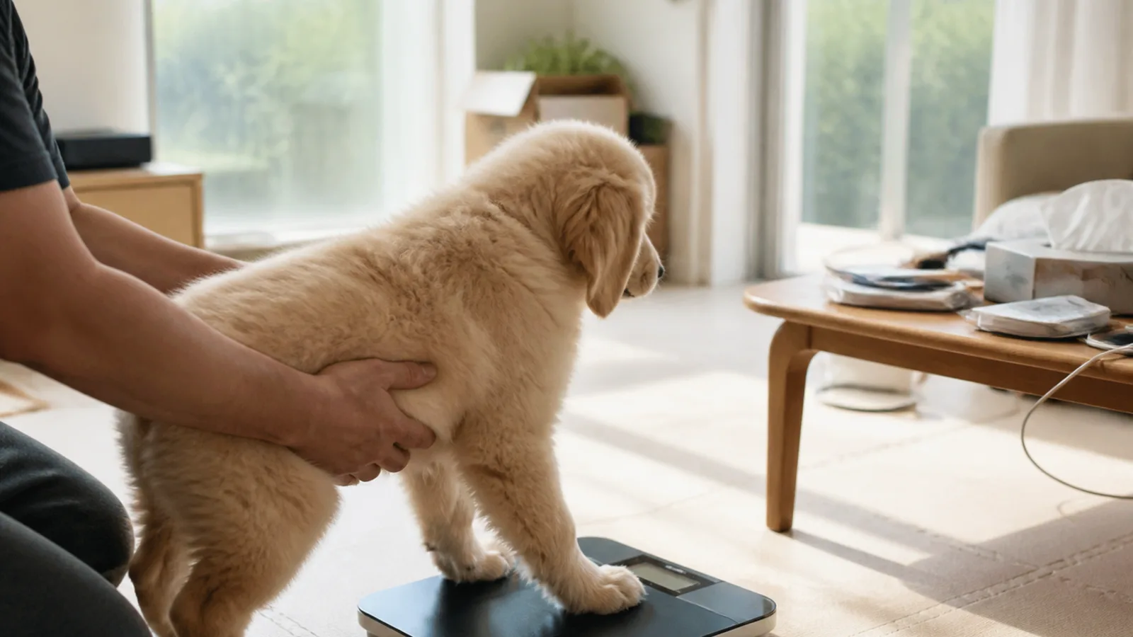 体重を量られるゴールデンレトリーバーの子犬。JKC犬種標準には体重の数値規定がない