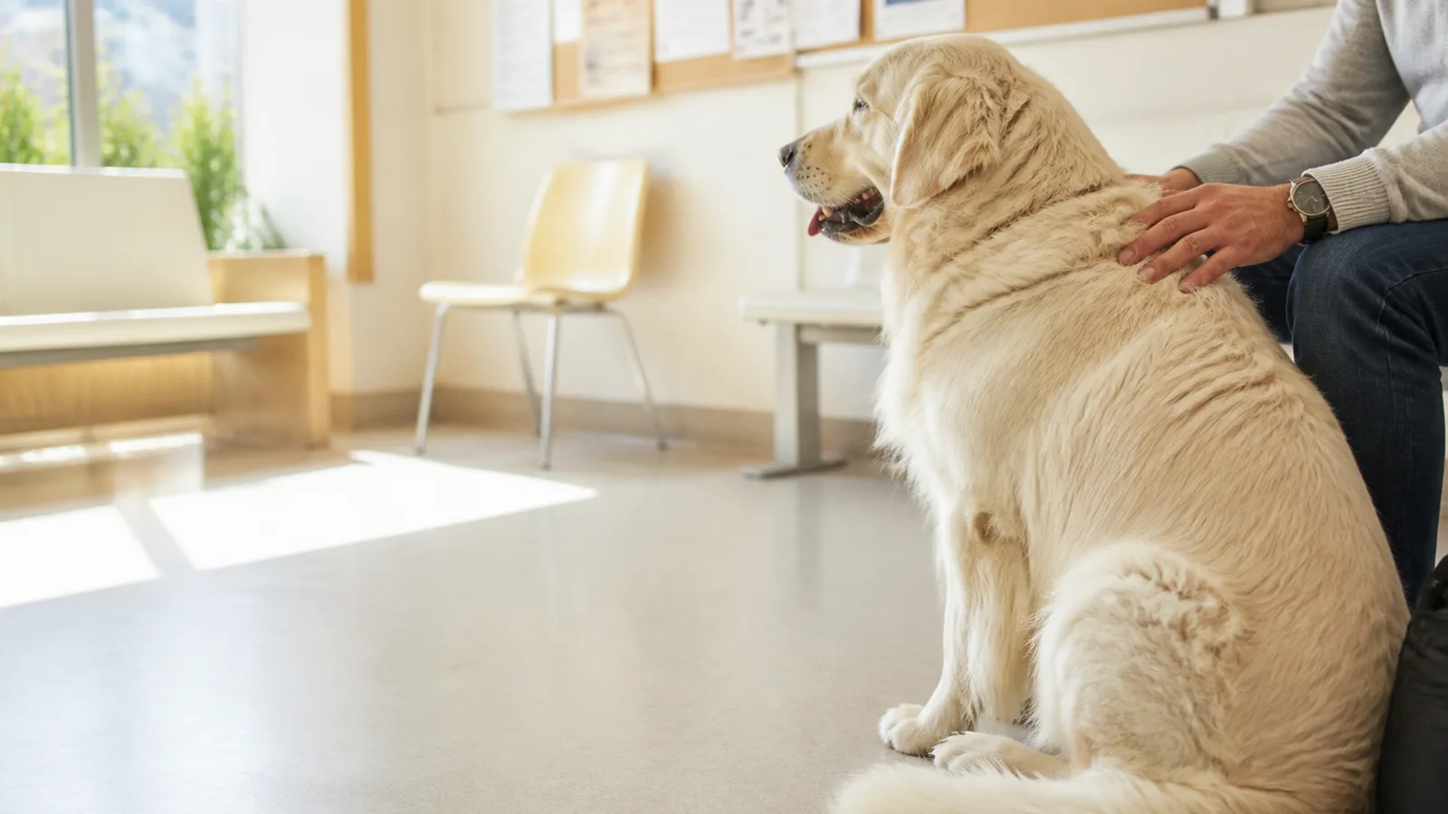動物病院の待合室で大型犬に寄り添う飼い主。股関節形成不全は健診の触診やレントゲンで気づかれることが多い