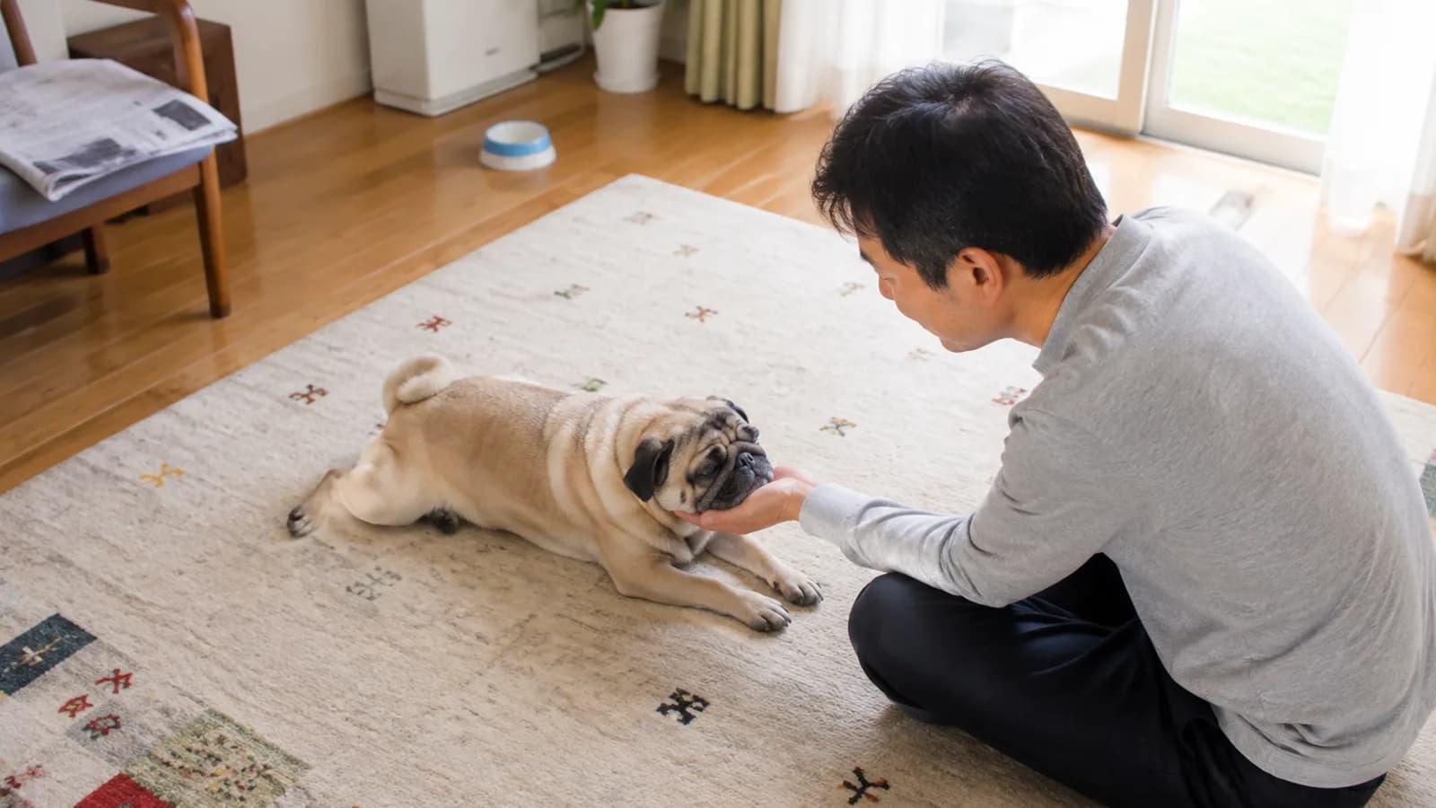 飼い主のそばで休むパグ。神経・呼吸・目にまつわる体質を家系で理解する