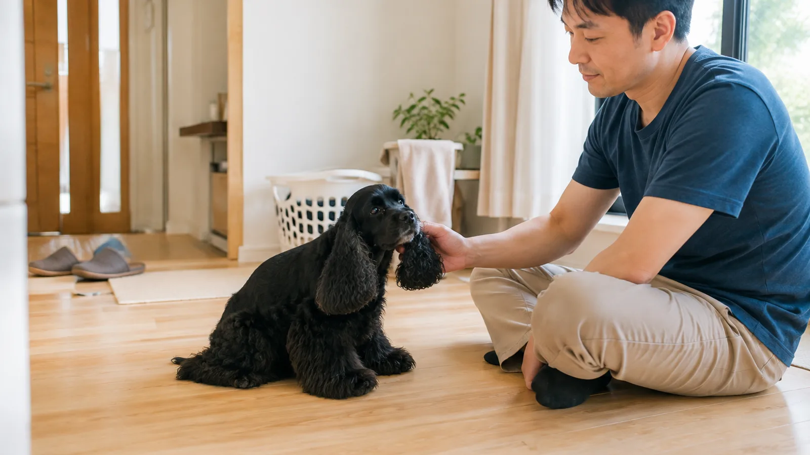 飼い主に撫でられるアメリカンコッカースパニエル。目・耳・皮膚にまつわる体質を家系で理解する