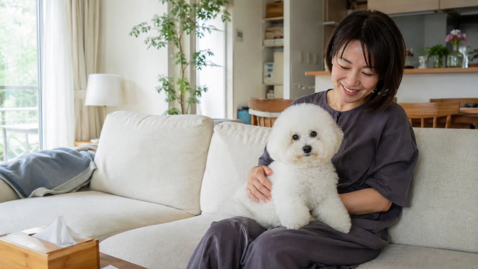 ビションフリーゼと暮らす飼い主。パウダーパフと呼ばれる白い巻き毛の性格と特徴