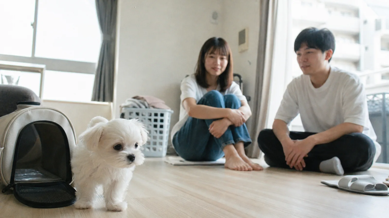 お迎え初日の子犬。そっと見守ることが、この日いちばん大切な過ごし方
