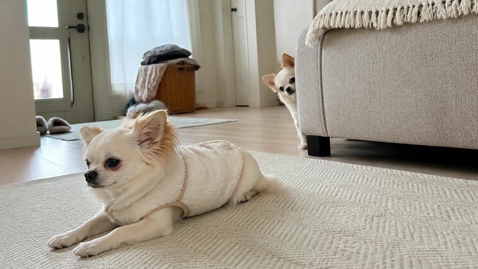 性格の違う兄弟犬2頭。同じ両親から生まれても、表情や振る舞いはそれぞれ違う