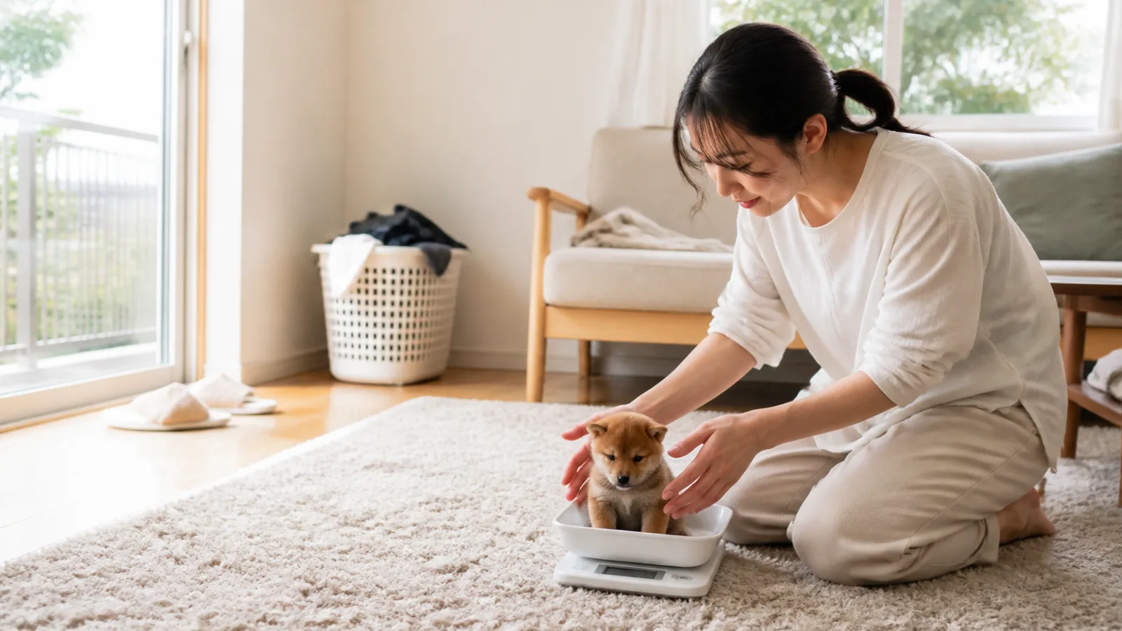 子犬の体重をキッチンスケールで確認する飼い主。体重は右肩上がりの曲線で増えていく