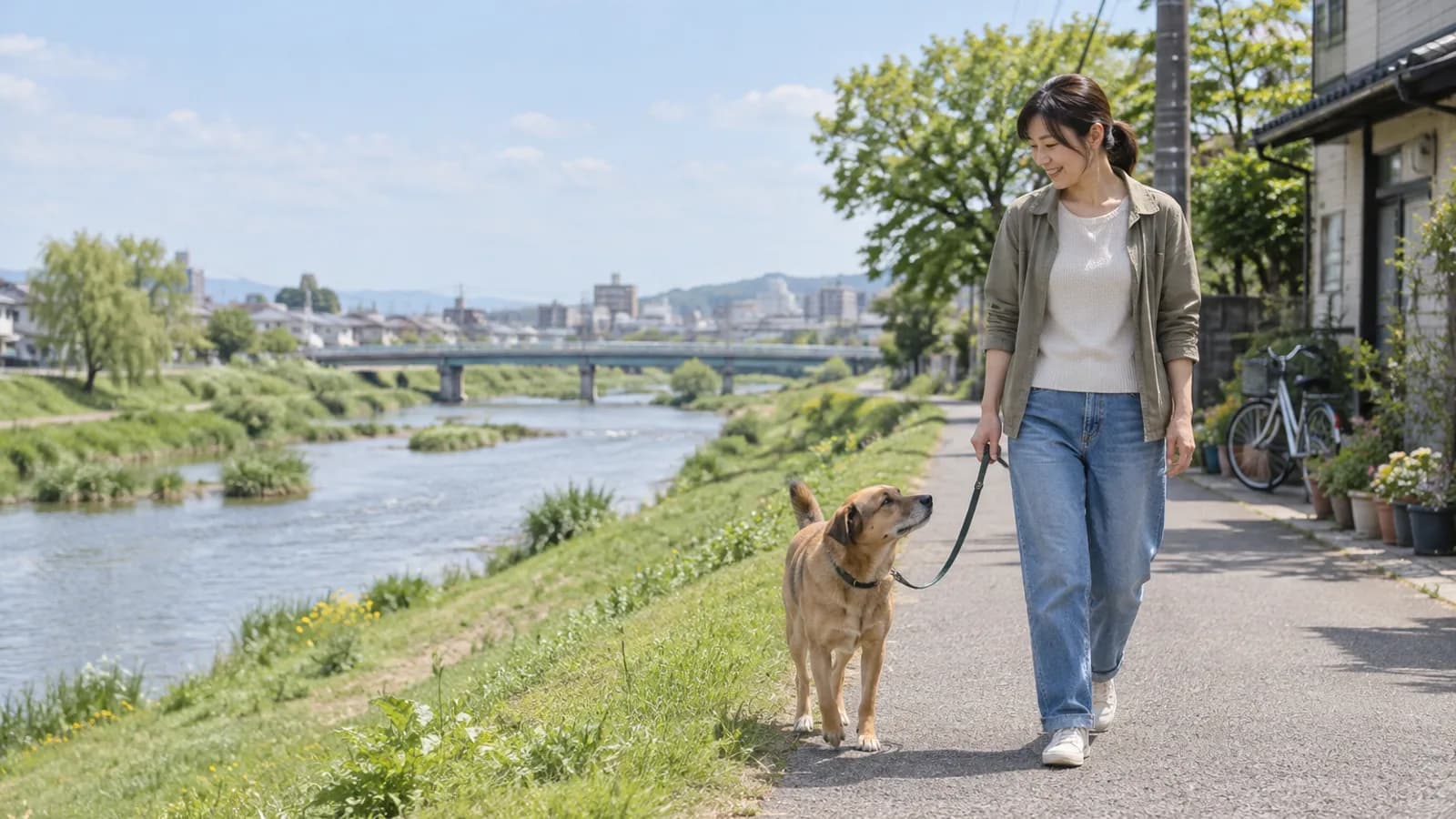 河川敷の土手の道を、飼い主と並んで歩く茶色の雑種犬
