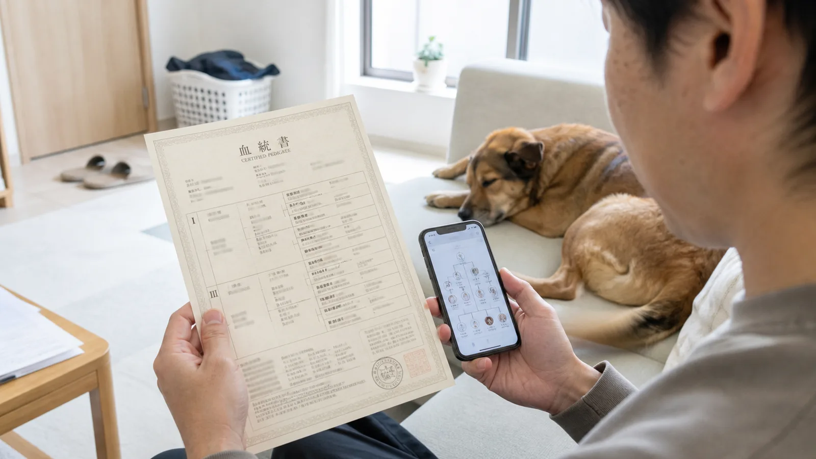 犬の近親交配について血統書で確認する飼い主。3代祖の欄に同じ犬の名前が重なっていないかを見ている