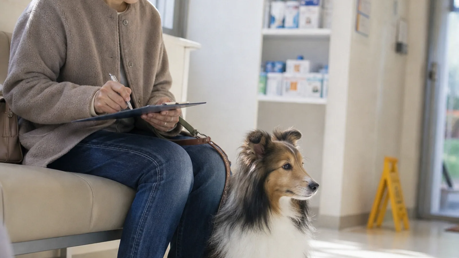 動物病院でMDR1遺伝子変異について伝える飼い主。特定の犬種で報告される薬への反応しやすさを共有している
