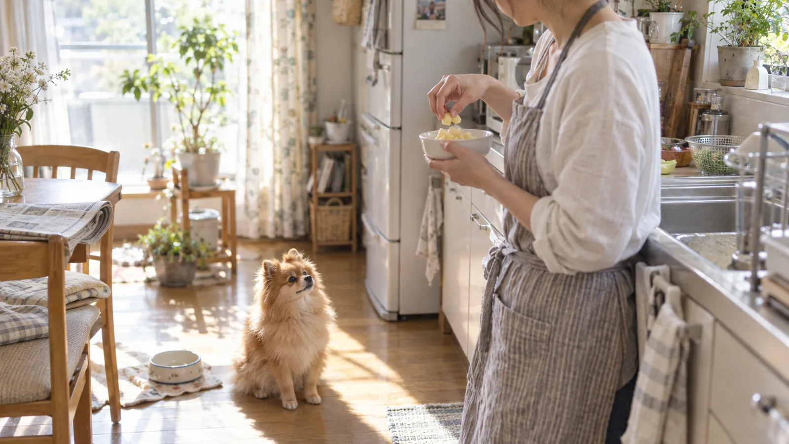 台所で小さな白い器に一口大のりんごを入れるエプロン姿の飼い主と、床に座って器を見上げるポメラニアン