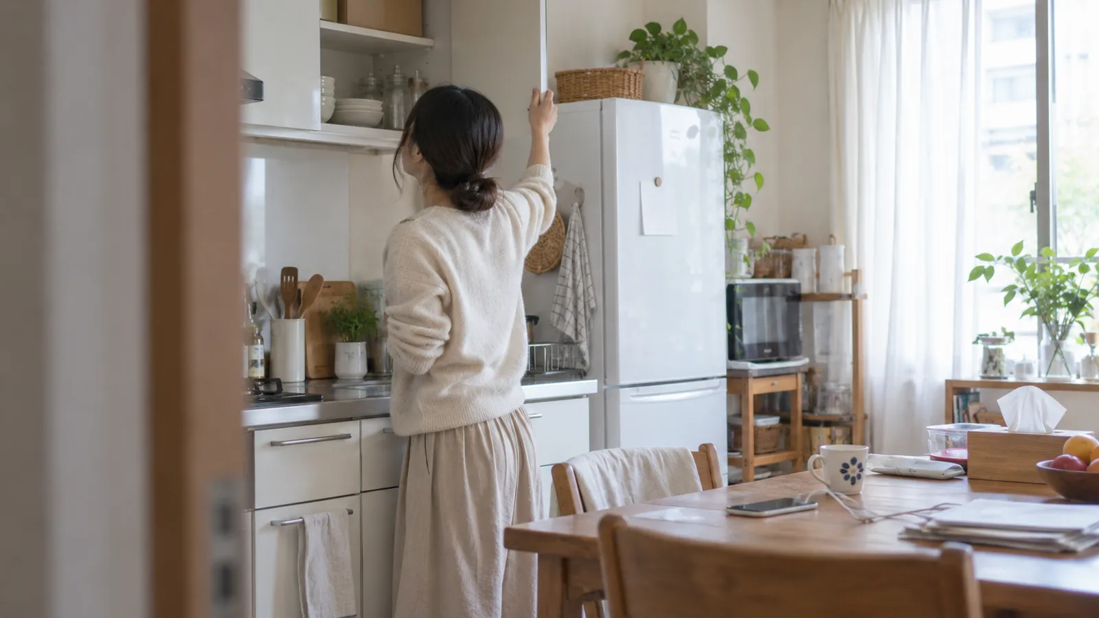 明るいキッチンで、戸棚の高い段の扉に手を伸ばして閉める飼い主の後ろ姿。背景の冷蔵庫に白紙のメモが留めてある