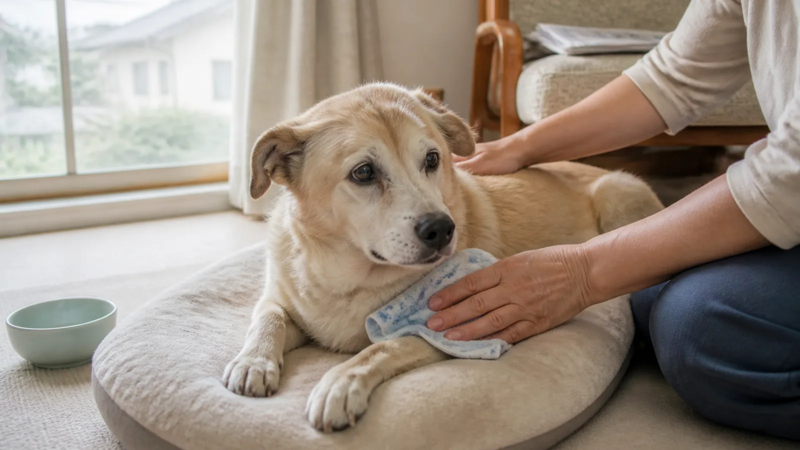 シニア犬のそばに寄り添う飼い主の手元。介護のはじまりに、明確な線はない