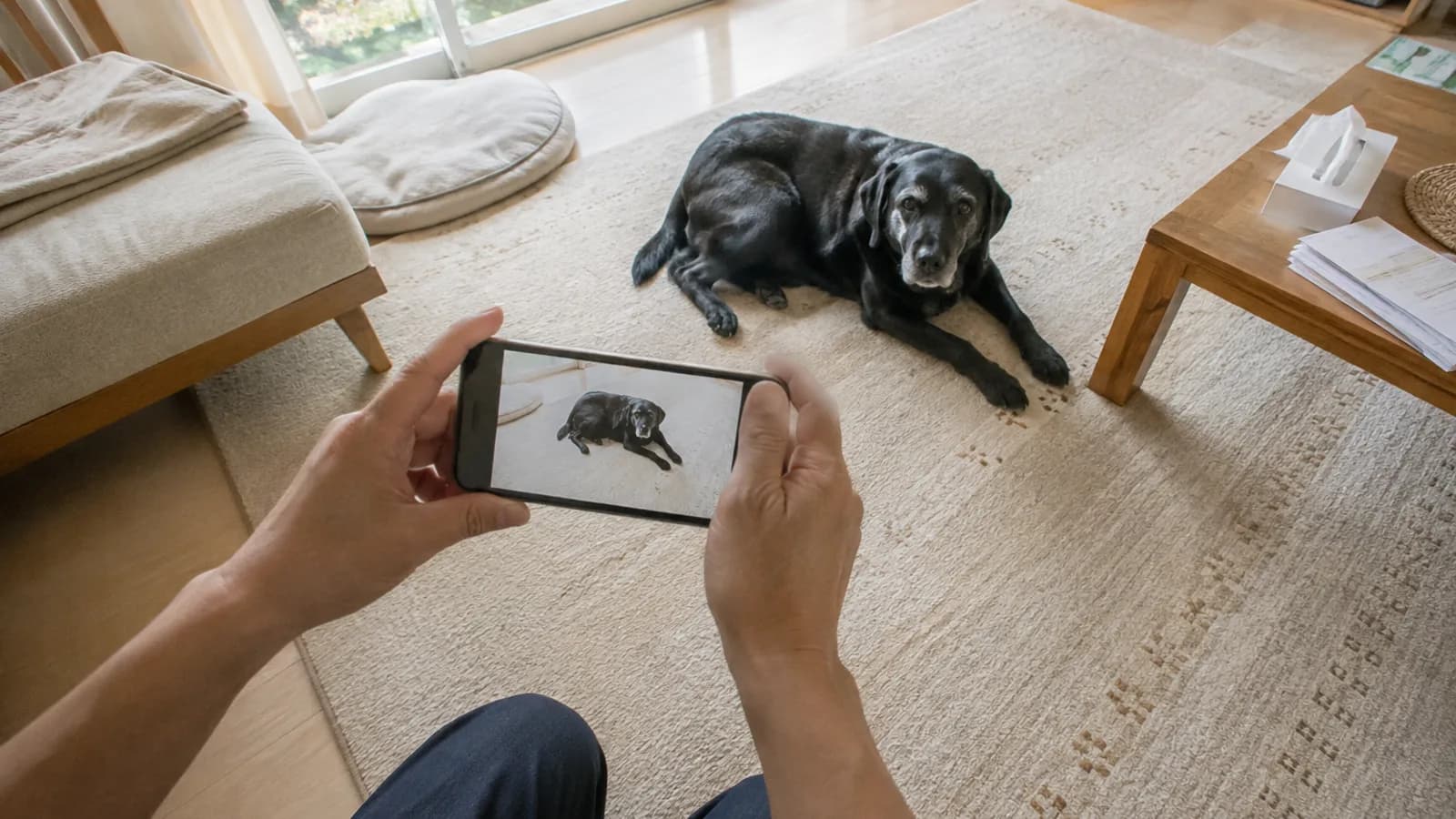 シニア犬の様子を記録する飼い主。認知機能不全症候群という名前がついていることを理解する