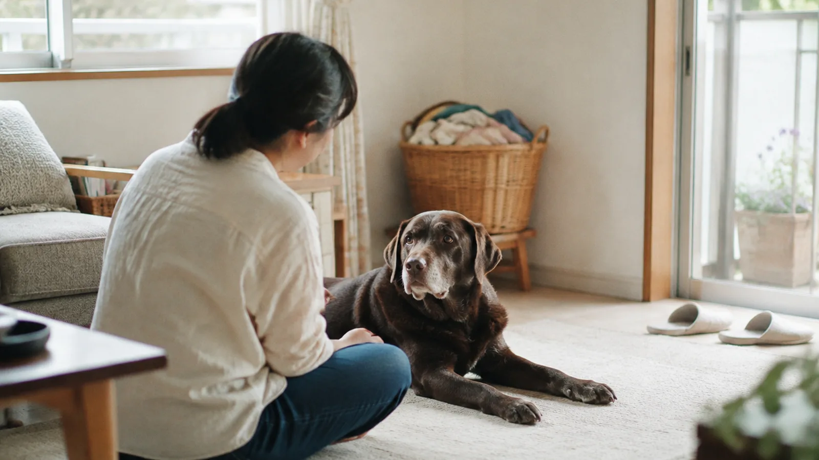 夜、シニア犬のそばに座る飼い主。夜鳴きの原因を決めつける前に見ていること
