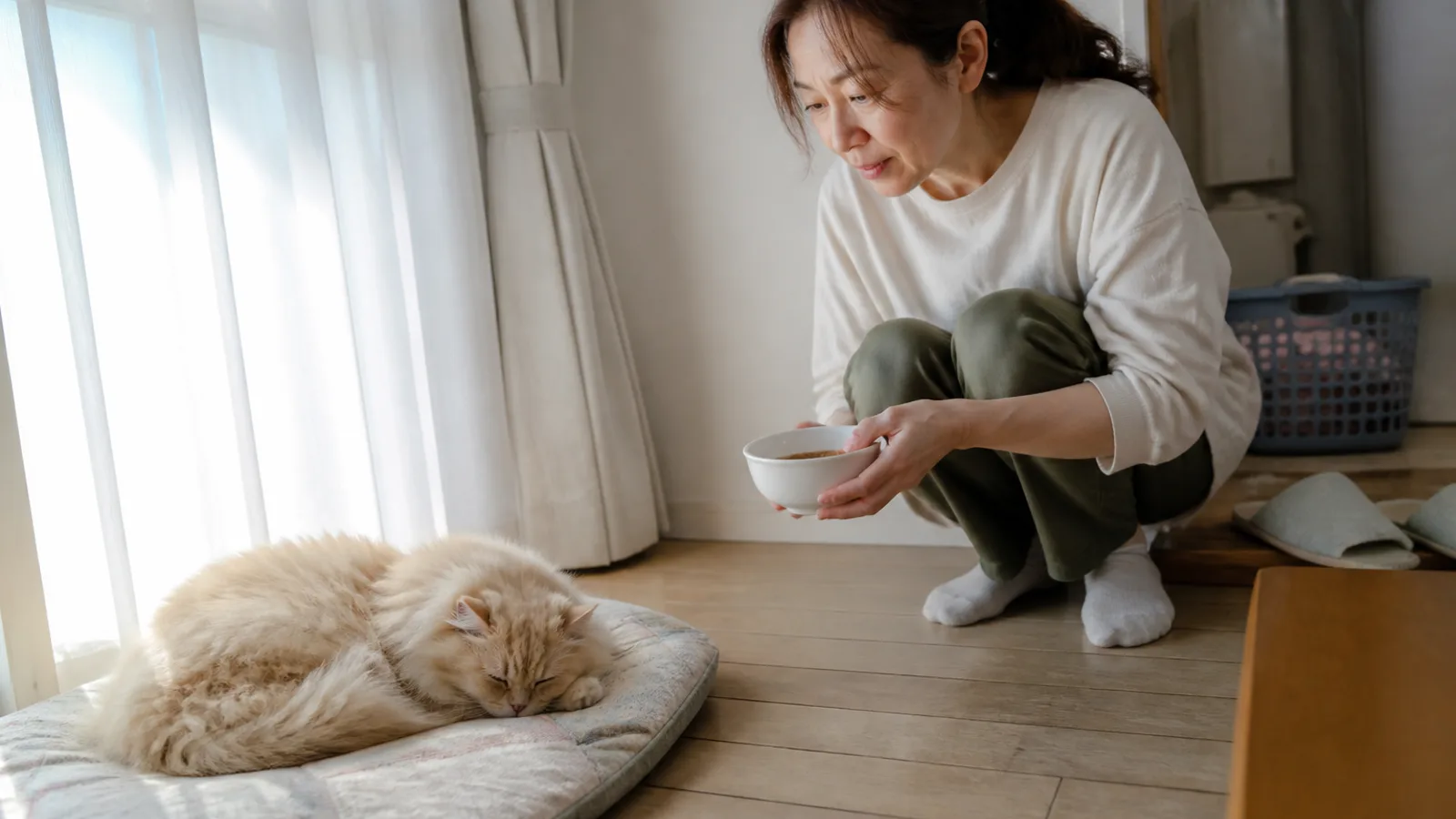 窓辺で眠るペルシャの成猫。多発性嚢胞腎はペルシャ系の猫種で報告が多いとされる