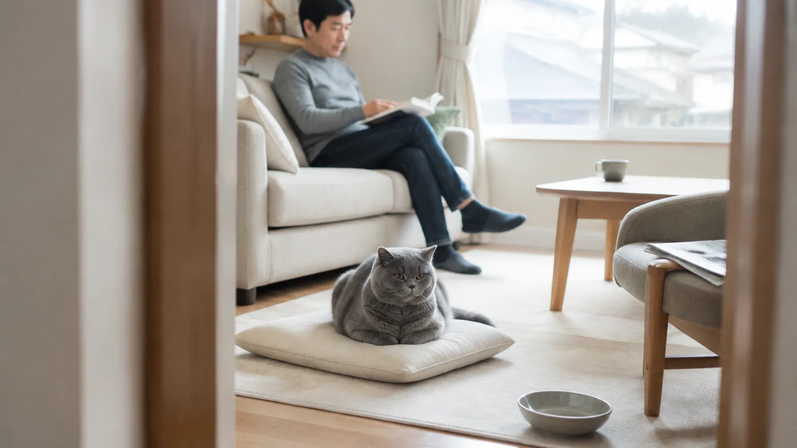 室内で静かに過ごすブリティッシュショートヘアと飼い主。ブルーという毛色の呼び方とかかりやすい病気を理解する