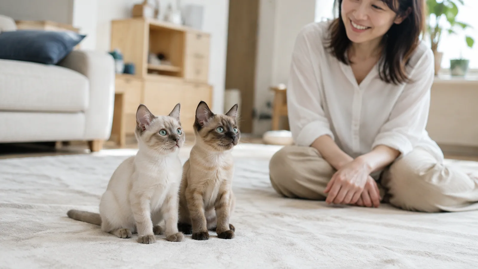 体色の濃さが異なる2匹のトンキニーズの子猫と、見守る飼い主。同じ両親から色の違う子が生まれる理由を家系図で確かめる