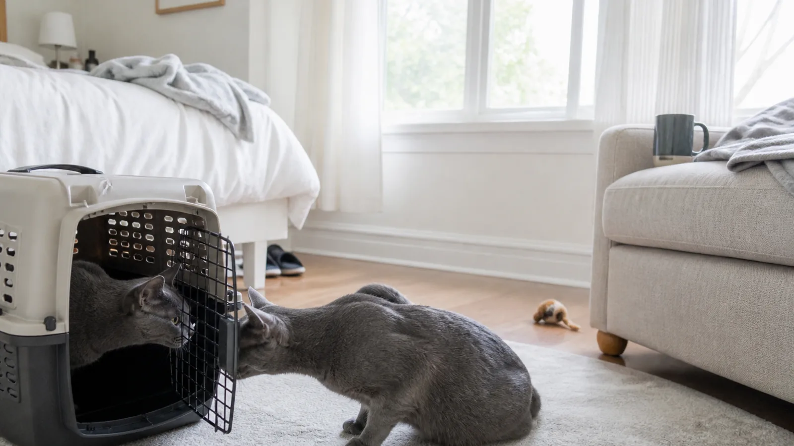 仕切り越しに対面する猫たち。猫同士の引き合わせは段階を踏むのが基本とされる